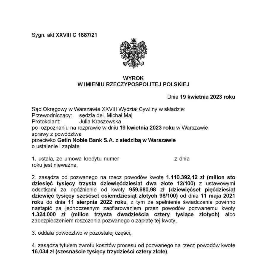 Z przyjemnością informujemy o kolejnym korzystnym dla naszych Klientów wyroku w sprawie kredytu powiązanego z kursem waluty obcej!